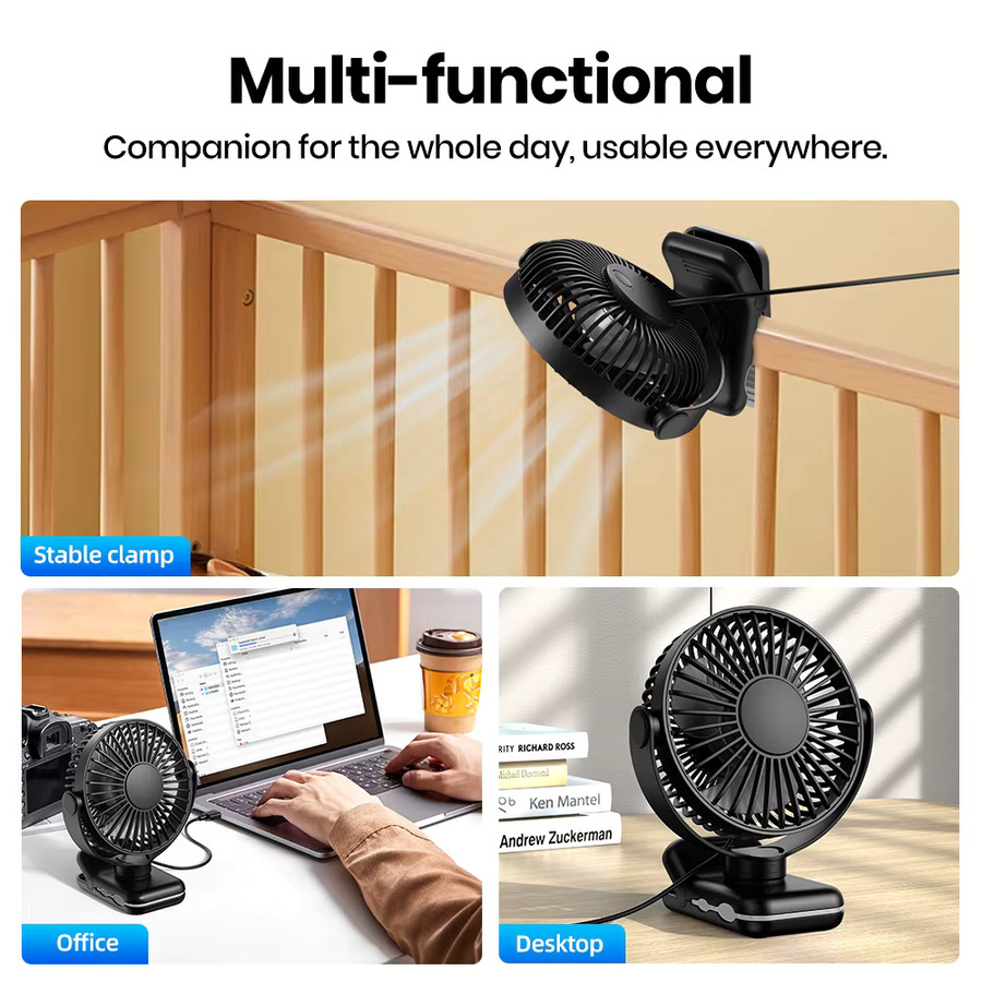 TOPK Mini Clip-on-Ventilator mit USB-Anschluss, tragbarer Tischventilator mit 3 Geschwindigkeiten, 720 Grad Drehung und Oszillation in Schwarz oder Lila - Bild 5