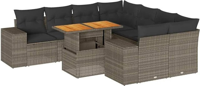 vidaXL 9-teilige Garten-Sofagarnitur aus Poly-Rattan und Akazienholz in Grau mit Kissen - Bild 1