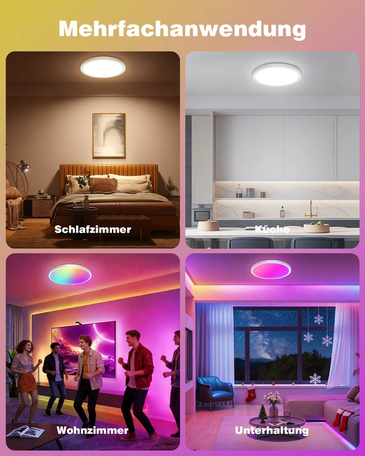 4er-Set Oraymin RGB Smart LED Deckenleuchten in Weiß, Durchmesser: 30 cm, 24W, dimmbar mit Fernbedienung, Alexa-kompatibel, IP54, rund für Wohnzimmer und Schlafzimmer - Bild 6