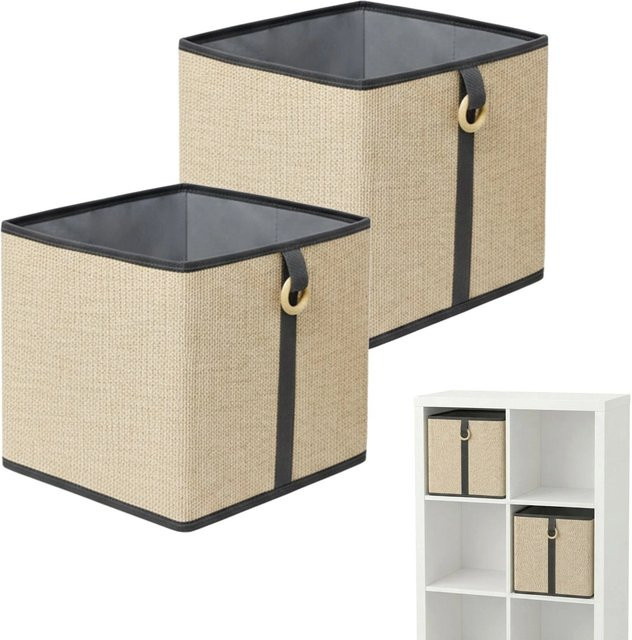 Relaxdays Aufbewahrungskörbe aus Bambus im 2er Set, zusammenfaltbar mit Griffring, B/T/H: 30 x 30 x 30 cm, Natur, Schwarz und Grau - Bild 1