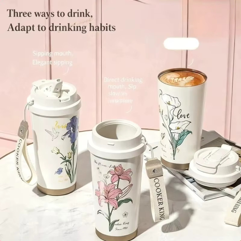 COOKER KinG Thermobecher Blumenserie aus 316 Edelstahl mit 520 ml Volumen als isolierte Kaffeetasse und Wasserflasche mit Strohhalm - Bild 1
