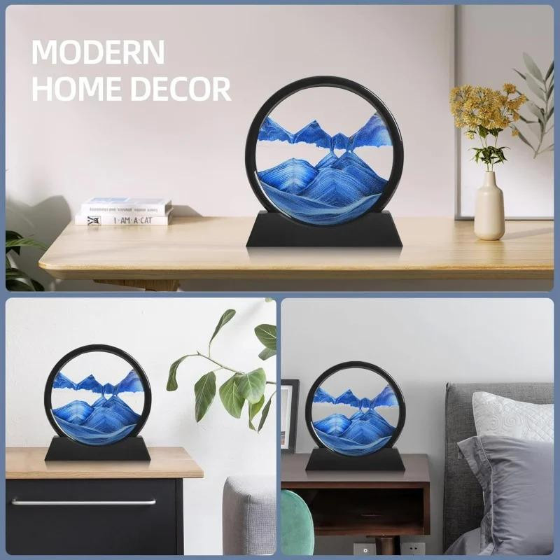 WIKHOSTAR 3D Sanduhr Sandkunst Bild aus Glas in Violett und Blau, Rundes Sandlandschaft Dekogemälde für Tisch und Büro - Bild 1