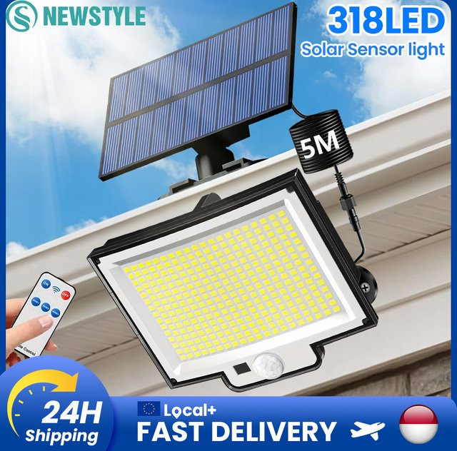 Solar-Außenleuchten mit 318 LED und Fernbedienung, IP65 wasserdichte Solar-Sicherheitsleuchten mit Bewegungssensor und 3 Beleuchtungsmodi, weiß - Bild 1