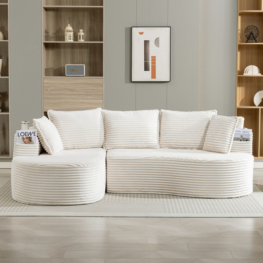 GOMYWAY Home Ecksofa aus Cord in Beige mit beidseitigen Getränkehaltern, Seitentaschen und Kissen, B/T/H: 250 x 152 x 82 cm - Bild 2
