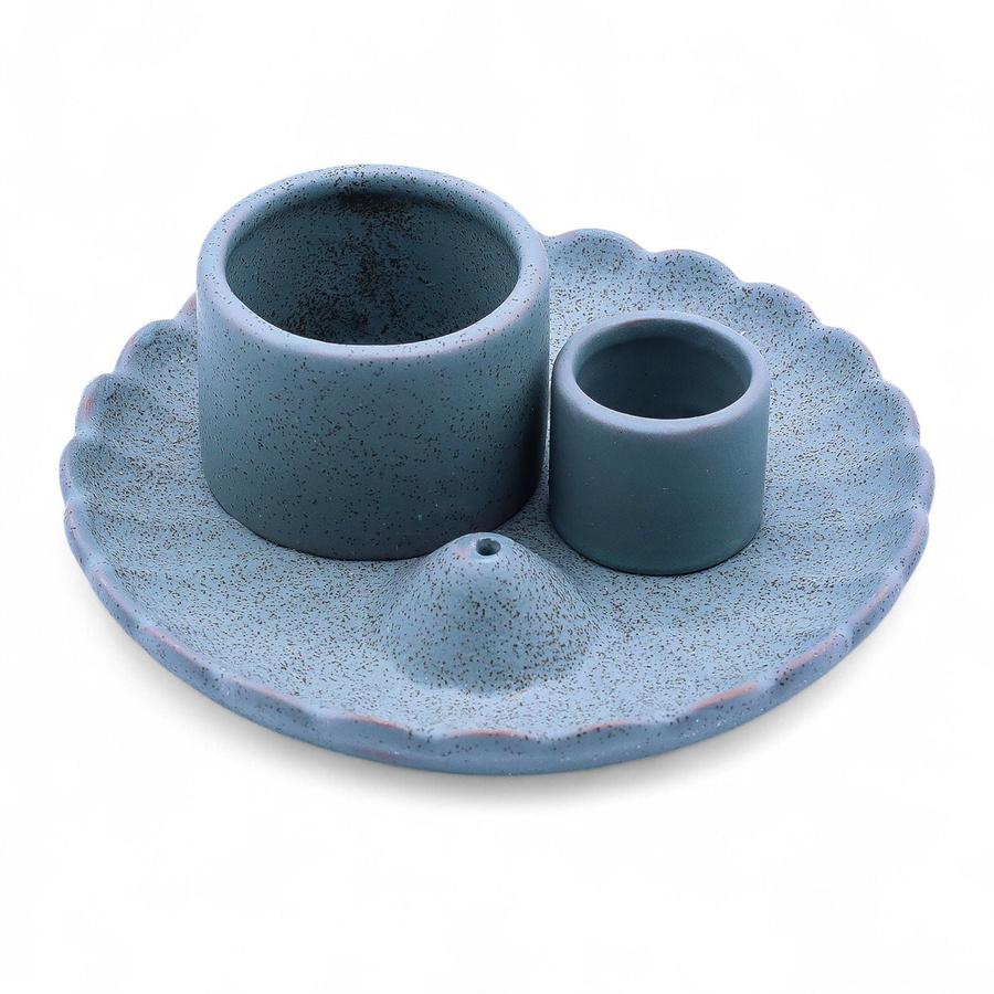 SHAMTAM Räucherstäbchenhalter Lotus aus Keramik in Blau mit Sprenkel-Design - Bild 2