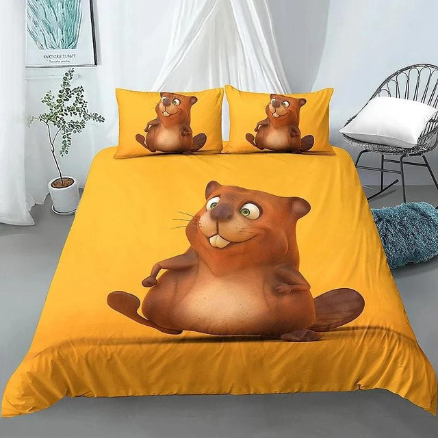 Bettwäsche Set Cartoon Biber mit Bettdeckenbezug und Kissenbezug aus Polyester, Gelb, B/H: 140 x 210 cm - Bild 1