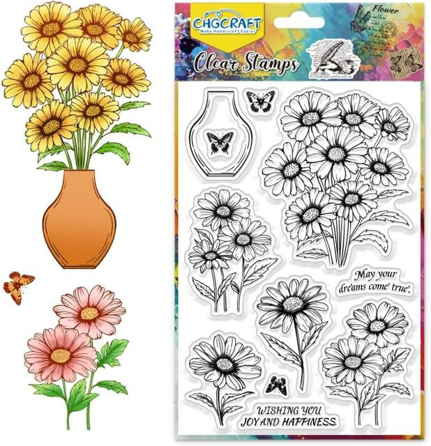 Transparente Silikonstempel mit Gänseblümchenmotiv und Schmetterlingsvase zum Basteln - Bild 1