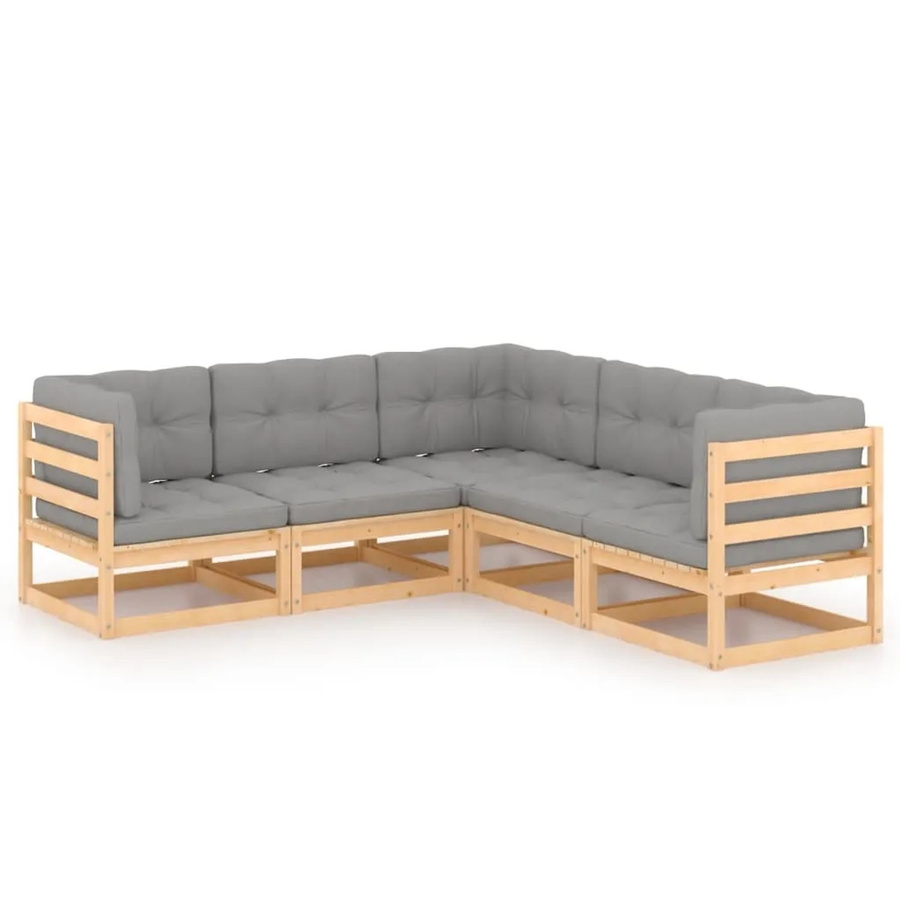 vidaXL 5-tlg Garten-Lounge-Set aus massivem Kiefernholz in L-Form mit grauen Polstern und Kissen - Bild 2