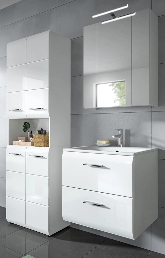 Inn.Furn Badmöbel Set Cover in Weiß Hochglanz, 3-teilig, mit Waschtischunterschrank, Spiegelschrank und Hochschrank, Breite: 135 cm - Bild 2