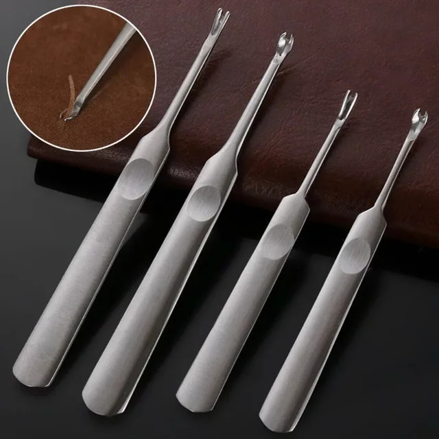 4-teiliges Lederhandwerk-Werkzeugset mit U- und V-förmigen Nähte-Schäften und Kantenschräger in Silber - Bild 1