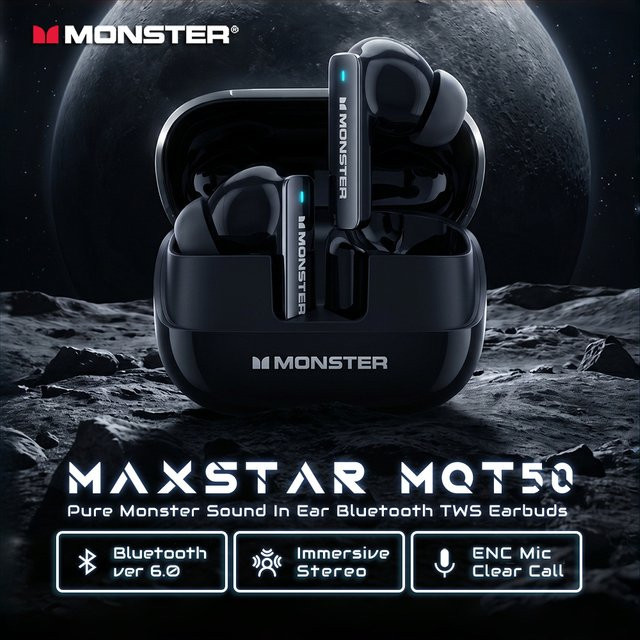 Monster MQT50 Bluetooth 6.0 Sport-Ohrhörer in Schwarz mit tiefem Bass und IPX4 Wasserdichtigkeit als TWS kabellose Kopfhörer - Bild 1