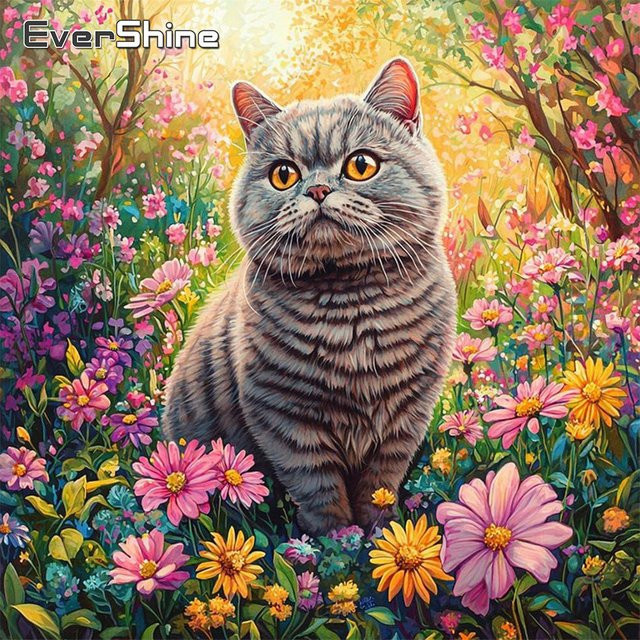 EverShine Voll-Diamant-Stickerei Katzenbild mit Gänseblümchen als Strass-Mosaik in Multicolour - Bild 1