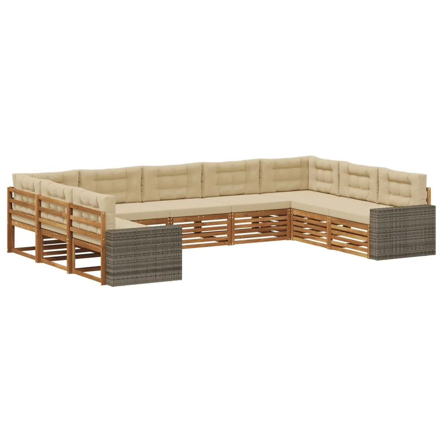 vidaXL Outdoor-Sofagarnitur aus Massivholz Akazie in Natur und Beige, 9-teiliges U-Form Set mit Sitz- und Rückenkissen - Bild 2