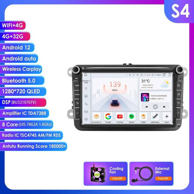 Ossuret S4 Multimedia-Player Android 13 Autoradio mit GPS und 4G für Volkswagen Golf 5, Transporter, Passat B6, Polo, Jetta sowie Skoda und Seat, Schwarz, 32G - Bild 1