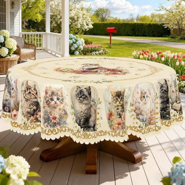 JINGYUE Pet Weihnachts-Tischdecke im Vintage-Bauernhaus-Stil mit Weihnachtsmann, Rentier und Weihnachtsbaum, beige, B: 140 cm, T: 180 cm - Bild 1