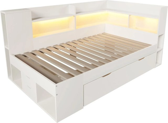 Merax Tagesbett Weiß mit LED-Unterbettbeleuchtung, USB-C Ladestation und Schubladen, B/T/H: 90 x 200 x 112 cm - Bild 1