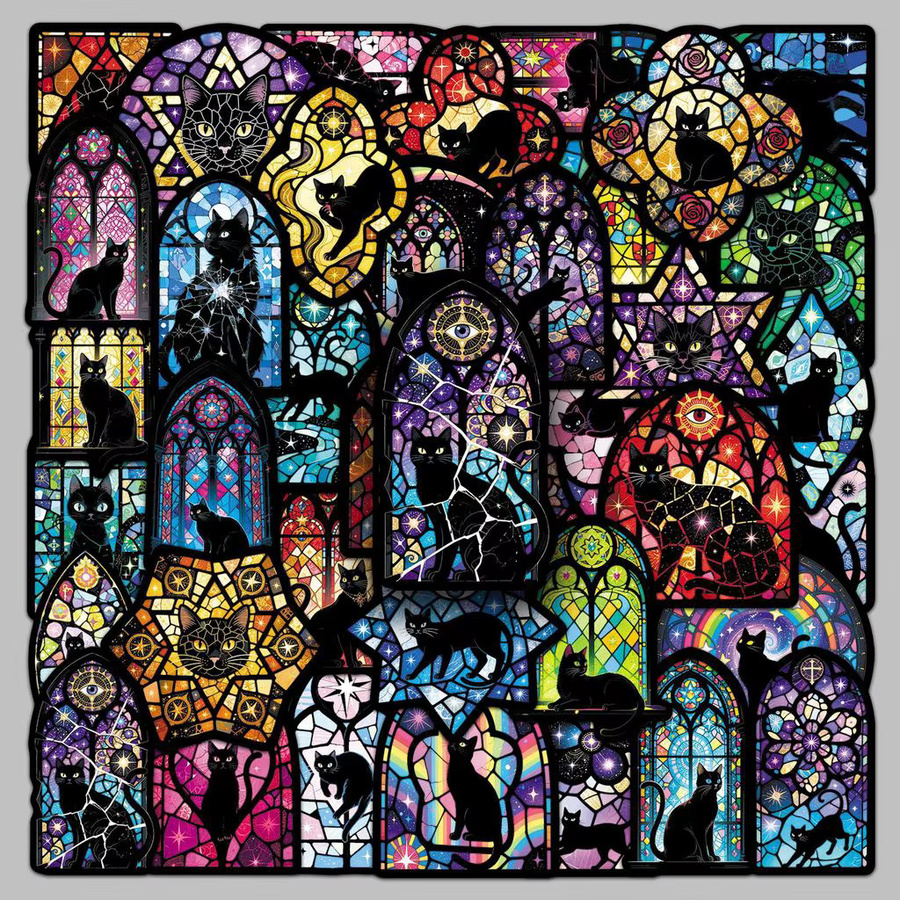 50 Stück Buntglas- und schwarze Katzenaufkleber im Cartoon-Stil von LanLanStickersWorld, Multicolor - Bild 5