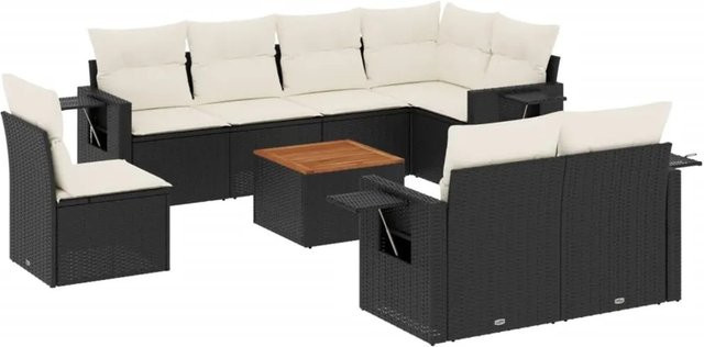 vidaXL 9-teilige Garten-Sofagarnitur aus Poly-Rattan und Akazienholz in Schwarz-Creme mit Kissen - Bild 1
