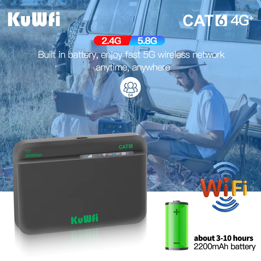 KuWFi CAT6 4G+ Mobiler Router mit 2,4G und 5G Dualband WiFi, Tragbares Reise-Modem mit 2200mAh Akku und Micro SIM-Steckplatz, Schwarz - Bild 4