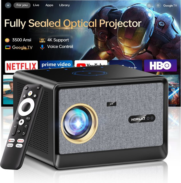 HORLAT 4K UHD Smart Beamer mit Google TV, 50000 Lumen, WiFi 6 und Sprachassistent, Schwarz - Bild 1