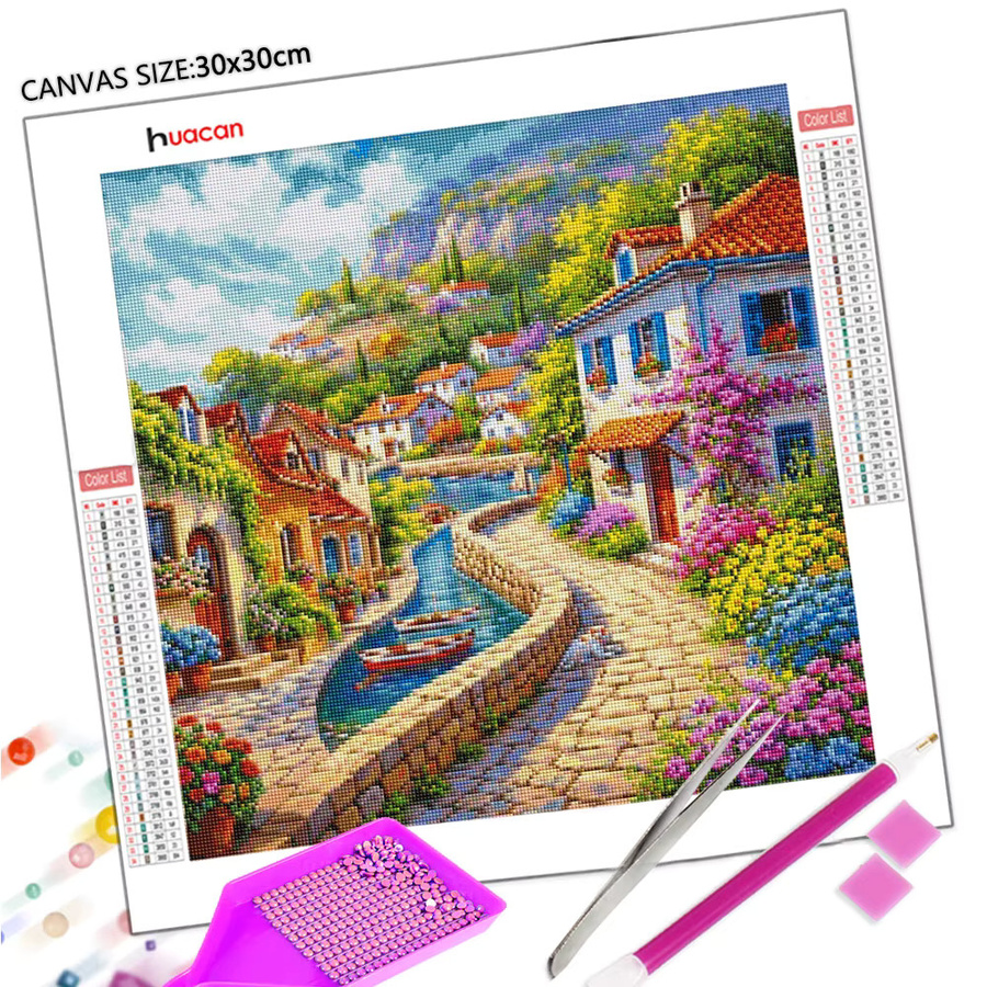 Huacan 5D DIY Diamantmalerei Frühlingsstadt Berglandschaft als dekoratives Wandbild in Multicolour mit runden Diamanten, Breite: 20 cm, Tiefe: 20 cm, Höhe: 20 cm - Bild 2