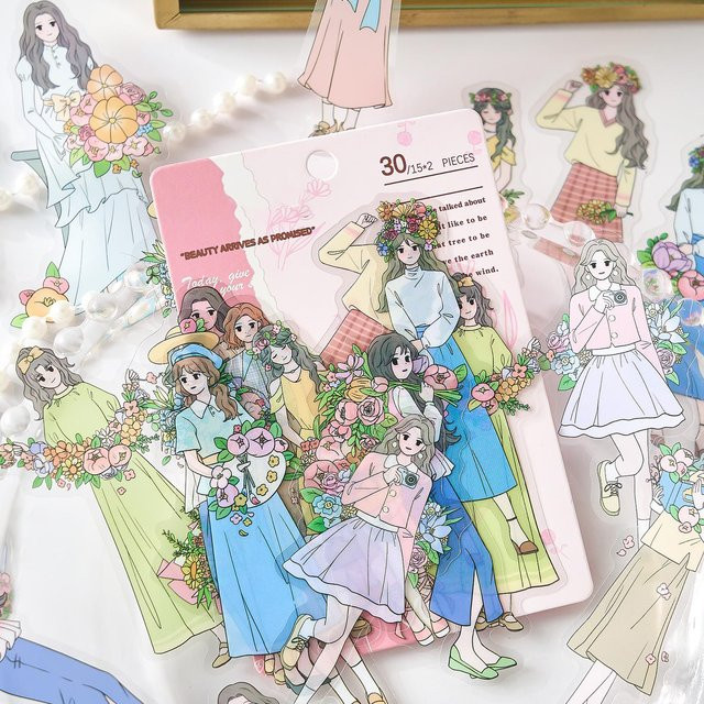 30er Paket PET Blumen Aufkleber in Multicolour für DIY Scrapbooking, Junk Journal und Collage Dekorationsmaterial - Bild 1