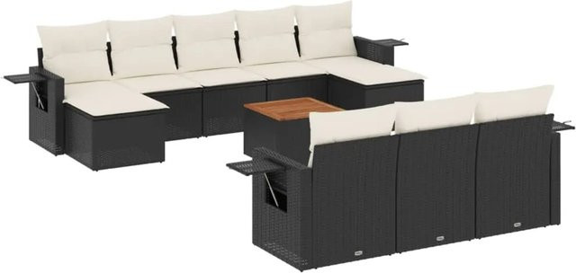 vidaXL 11-teilige Garten-Sofagarnitur aus Poly-Rattan und Akazienholz in Schwarz-Creme mit Kissen - Bild 1