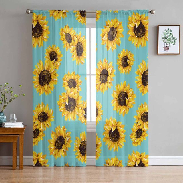 Transparente Sonnenblumen Vorhänge aus Tüll und Organza in Gelb für Wohnzimmer und Küche, B: 135 cm, H: 115 cm - Bild 1