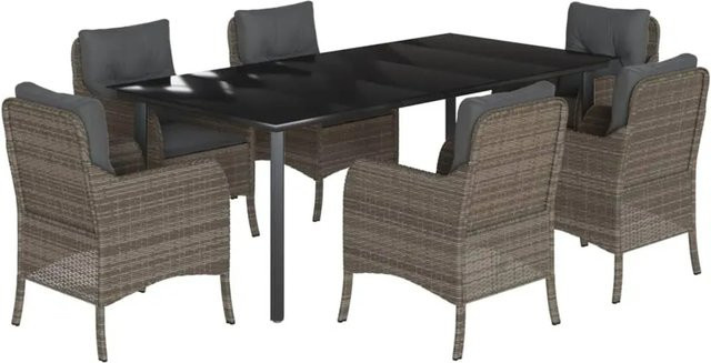 vidaXL 7-teilige Garten-Essgruppe aus Poly Rattan mit Kissen und Hartglas in Grau - Bild 1