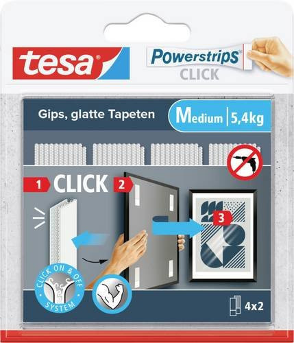 Tesa Powerstrips CLICK Medium selbstklebende Wandbefestigung 4 x 2 Stück, Belastbarkeit bis 5,4 kg, Maße: Länge: 80 mm, Breite: 20 mm - Bild 1