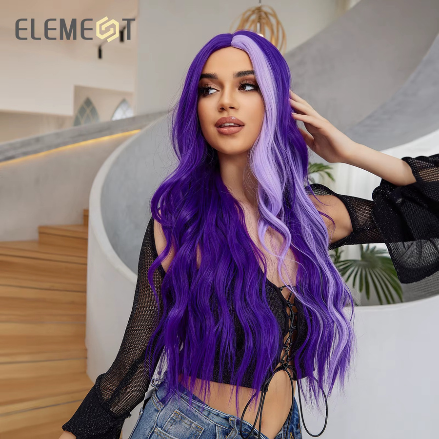 ELEMENT Synthetische Perücke, lange gewellte Locken, Ombre-Lila, Damen - Bild 2