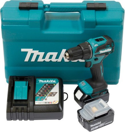 Makita Akku-Schlagbohrschrauber LXT 18V mit 2 Akkus, Ladegerät und 74-teiligem Zubehör-Set in Türkis, Blau und Schwarz