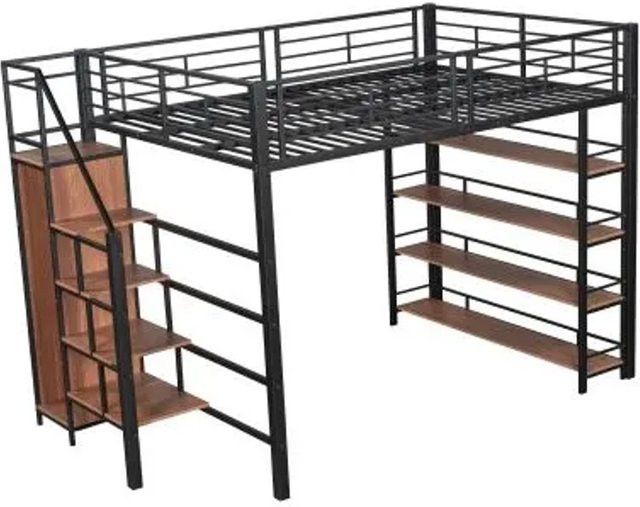 KOMHTOM Hochbett für Kinder und Jugendliche in Schwarz mit Sicherheitstreppe, Stauraum, Kleiderschrank und Einlegeböden, B/T/H: 140 x 200 x 170 cm - Bild 1