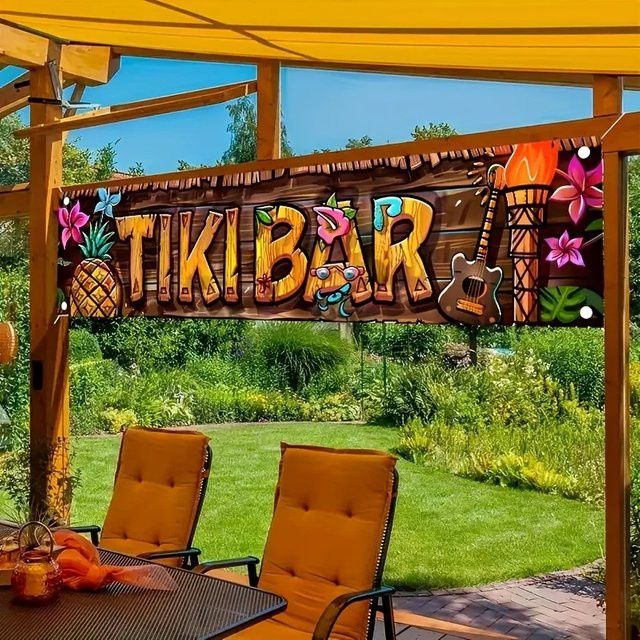 VIKAMA Tropisches Tiki-Bar Banner mit Ananas- und Blumenmuster, Mehrfarbig, B: 180 cm, H: 35 cm - Bild 1