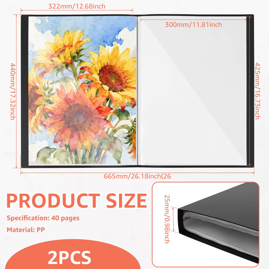 2er Set Kunstportfolio Präsentationsmappe A3 in Schwarz mit 40 Taschen und Klarsichthüllen für Malerei und Display - Bild 2