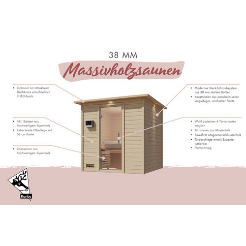 Karibu Sauna Sindi aus Fichtenholz mit 9 kW Saunaofen und externer Steuerung für 4 Personen, Farbe: beige - Bild 2