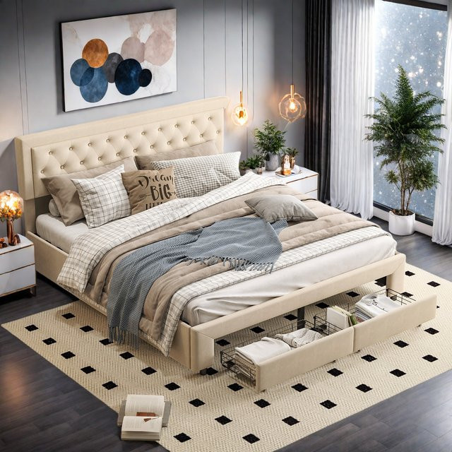 FEEOHOME Polsterbett Doppelbett in Beige mit Schubladen und Stauraum, Samt, B/T: 180 x 200 cm - Bild 1