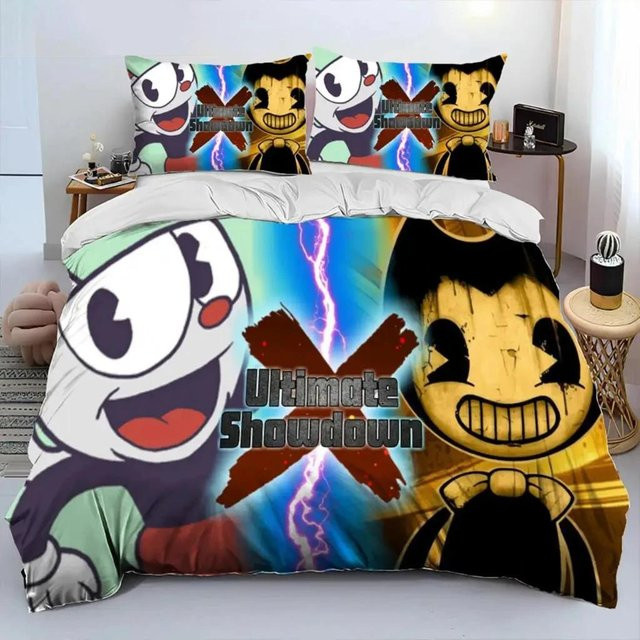Bettwäscheset Cuphead und Mugman für Kinder und Erwachsene, 3-teiliges Set aus Microfaser mit Bettbezug und Kissenbezug, Mehrfarbig, B/H: 90 x 200 cm - Bild 1