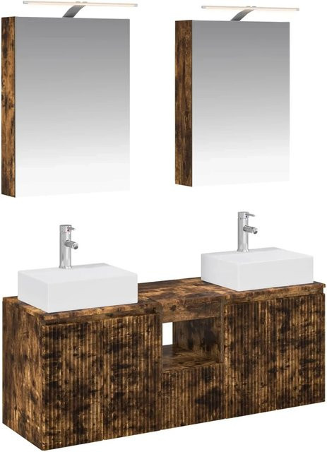 vidaXL Badezimmerschrank-Set 5-teilig aus Holzwerkstoff in Geräucherte Eiche, modern und wandmontiert mit LED-Beleuchtung und Spiegelschrank, Braun - Bild 1