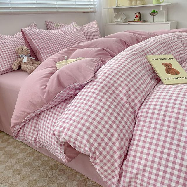 Vierteiliges L.RIDING PULO Bettwäscheset aus reiner Baumwolle in Pink mit gestreiftem Design, bestehend aus Bettbezug, Kissenbezügen und Bettlaken, B/H: 150 x 200 cm - Bild 1
