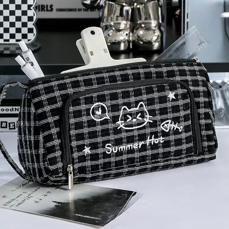 Mewo Katze Federmäppchen mit Gittermuster und Kätzchen-Design, Textil-Stiftebeutel mit Reißverschluss in Blau oder Schwarz - Bild 3