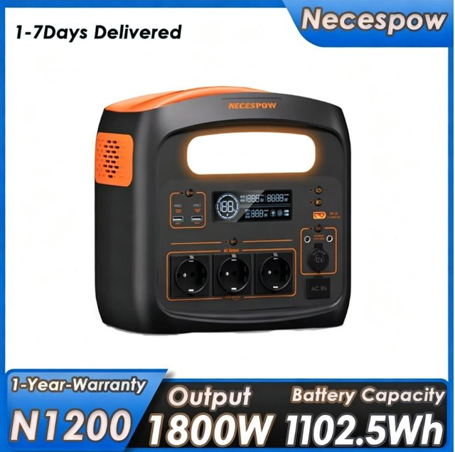 Necespow N1200 Tragbare Powerstation mit 1002,5Wh LiFePO4-Batterie, 1800W Ausgangsleistung und 3000W Spitzenleistung, Schwarz, inklusive USB-C PD100W - Bild 1