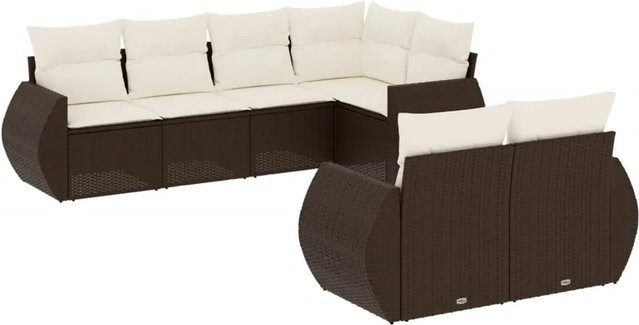 vidaXL 7-teilige Garten-Sofagarnitur in L-Form aus braunem Poly-Rattan mit cremeweißen Kissen und pulverbeschichtetem Stahlgestell - Bild 1