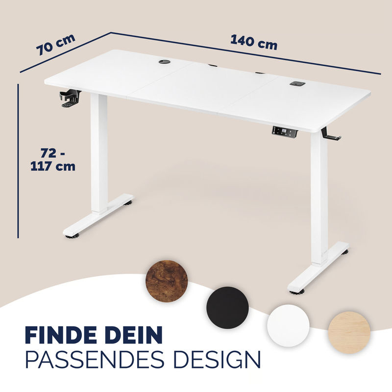 CASARIA Elektrischer höhenverstellbarer Schreibtisch in Weiß mit Melaminplatte und Kabelwanne, B/T/H: 140 x 70 x 72-117 cm - Bild 3