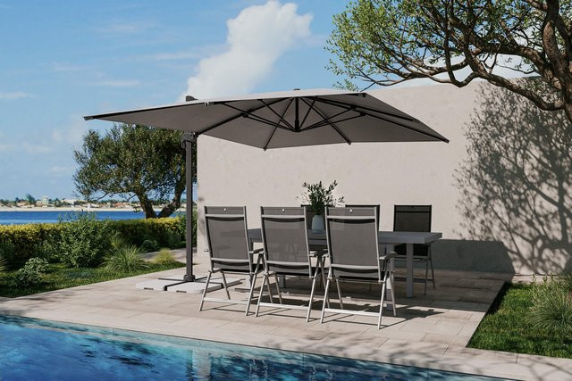 OUTFLEXX Almeria Gartenmöbel-Set Essgruppe mit Ampelschirm, anthrazit/silber, ausziehbar und klappbar, aus Aluminium und Textilene - Bild 1