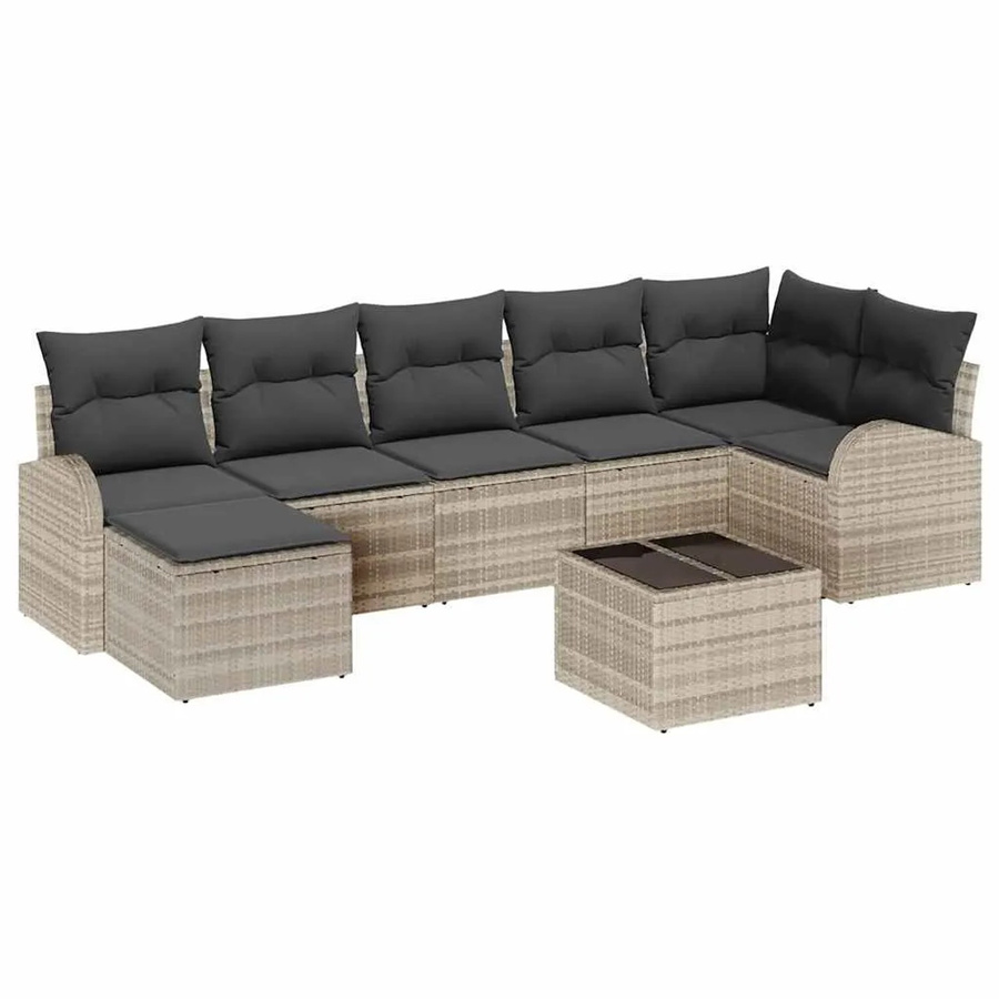 vidaXL Garten-Sofa-Set aus Polyrattan in Hellgrau, 8-teiliges L-Shape Lounge-Set mit 3-Sitzer-Sofa, Couchtisch, Ottoman und Kissen, wetterfest und UV-beständig - Bild 2