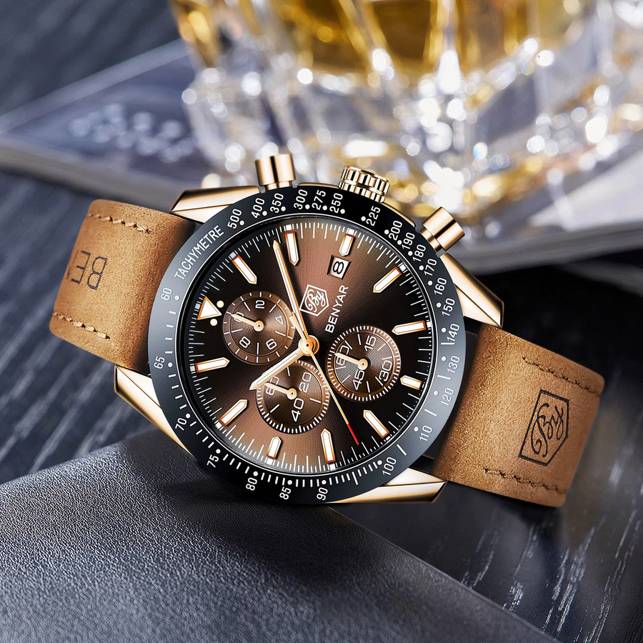 BENYAR Chronograph Armbanduhr Edelstahl, Quarz, Schwarz, Herren - Bild 3