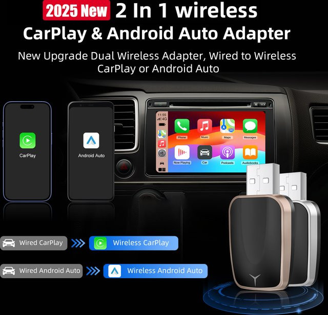 ANYFAR 2-in-1 Wireless Adapter für CarPlay und Android Auto in Schwarz oder Silber mit 5G WiFi und Bluetooth - Bild 1