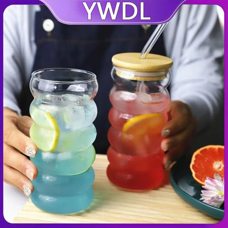 YWDL Hitzebeständiges Wellenmuster-Becher-Set aus Glas, 2 Stück, transparent, mit Deckel und Strohhalm, 350 ml und 480 ml