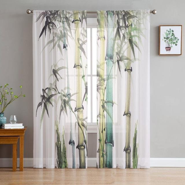 A Family Of Home Textiles Transparente Tüll-Vorhänge mit grünem Bambusblatt-Design, 2er-Set, Farbe: Grün/Transparent, Breite: 135 cm, Höhe: 114 cm - Bild 1